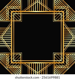 Golden decorative empty frame. Art Deco square line art border for social media, post card, banner on black background