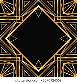 Golden decorative empty frame. Art Deco square line art border for social media, post card, banner on black 