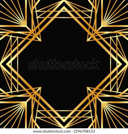 Golden decorative empty frame. Art Deco square line art border for social media, post card, banner on black 