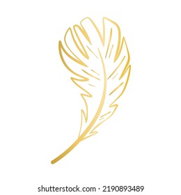 Golden decorative feather for creating invitations and cards. Simple outline gold feather isolated vector illustration. Elegant sketch symbol of poetry