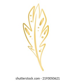 Dibujo vectorial aislado de plumas decorativas doradas. Decoración sencilla de contorno para postal, invitación y diseño. Clásico de plumas de ave dorada