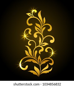 Golden Decorative floral element with swirls and leaves on a dark background. Ideal for stencil. Vintage style. 
