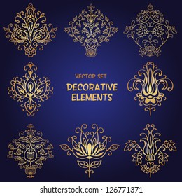 Golden decorative floral elements. Can be used for backgrounds, packaging, invitations,vintage cards, wrapping paper. Vintage design elements