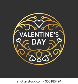 Golden Decorative Floral Frame on Black Background. Happy Valentines Day Celebration. Vector Design Element for Greeting Card