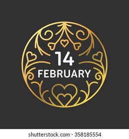 Golden Decorative Floral Frame on Black Background. Vector Design Element for Valentines Day Greeting Card