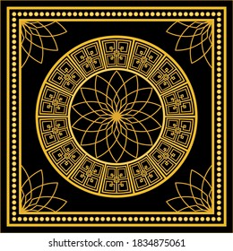 Golden decorative greek pattern with spheres on black background. EPS10 Illustration.