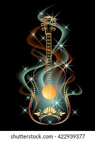 Golden Decorative Guitar Smoke Glowing Stars Stock Vector (Royalty Free ...