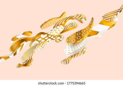 Golden decorative liquid 3D bubbles with pattern on pastel  beige background. 