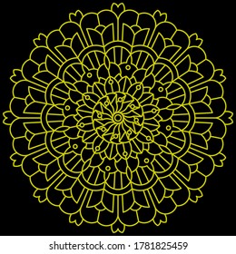 Golden decorative Mandala with black background. Perfect for packaging, greetings, promotion, background, printing, wall art, etc.