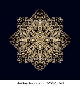 Golden decorative ornamental rosette, mandala, medieval, oriental style on dark background