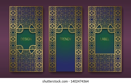 Golden decorative packaging design. Set of labels templates with oriental ornament frames.
