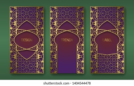 Golden decorative packaging design. Set of labels templates with arabian vintage ornament frames.