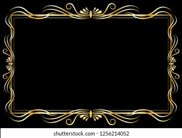 Golden decorative pattern frame isolated on a black Background. Vector Illustration