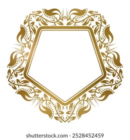 Quadro decorativo pentagonal dourado com ornamento floral. Adequado para design vintage chevron ou crachá.