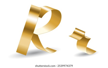 Golden Decorative R Letter of English Alphabet. Gold Ribbon Vector Illustration