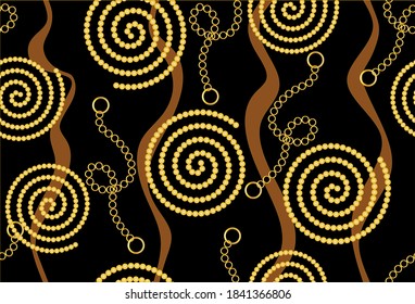 Patrón dorado de espiral decorativa con cadenas sobre fondo negro.EPS10 Ilustración.