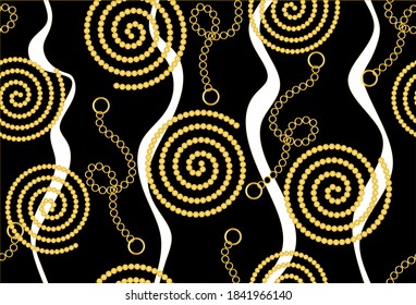 Golden decorative spiral pattern with chains on black background.EPS10 Illustration.