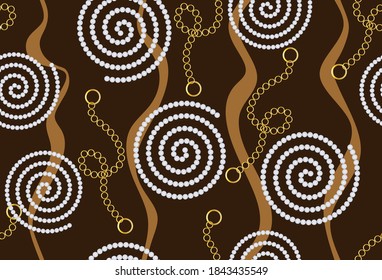 Golden decorative spiral pattern with chains on brown background.EPS10 Illustration.