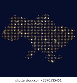 Golden decorative stylized map of Ukraine made of halftone shiny dots on dark background. Festive New Year and Christmas cards in luxurious or rich style