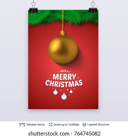 Golden decorative toy ball and fir tree border. Christmas tree decoration and greeting text in a frame. Editable vector illustration.