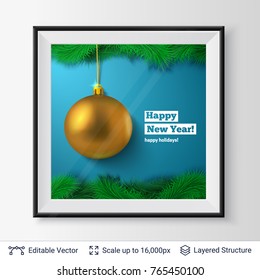 Golden decorative toy ball and fir tree border. Christmas tree decoration and greeting text in a frame. Editable vector illustration.