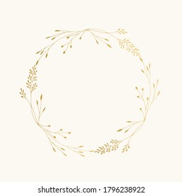 Golden decorative wreath with herbs and leaves. Vector isolated illustration.