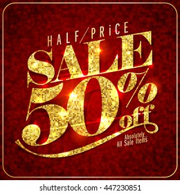 Golden and deep red advertising sale design 50 percents off, vector illustration