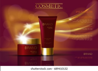 Golden deep red skincare cream package cosmetics ads. Realistic 3d vector illustration promotion poster. Flying delicate defocused glowing wave swirl background template