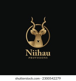 Golden deer with antlers logo design for premium brand. this logo can be used as outdoor business, camping and hunting 