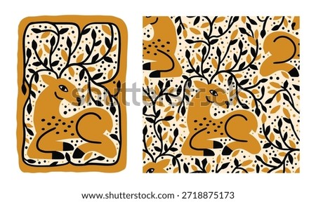 Golden Deer Christmas Seamless Pattern and Print Card Forest Branches In Folk Vector Style