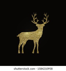 Golden deer on black background. Isolated illustration. Happy new year black background. Christmas gold deer luxury greeting card design. Design template. Golden decoration.