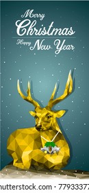 Golden deer polygon vector on blue background. Merry christmas greeting card banner.