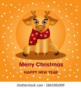 Golden Deer in red scarf for happy Christmas and New year, greeting card, 3D cartoon deer, vector illustration. Christmas baby deer with happy Christmas and new year text.