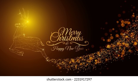 Golden deer running with golden bokeh and concept christmas background.Vector illustration