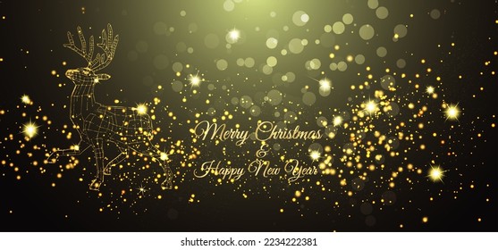 Golden deer running with golden bokeh and concept christmas background.Vector illustration