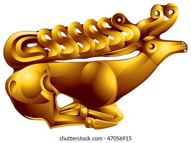 Golden Deer, Scythian traditional Shield emblem. The gold animal style jewelry found during the archeological excavations of a Scythian tomb, scyths kurgan