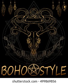 Golden deer skull on the sacred geometry background. Boho chic style. Hand drawn. Vector illustration.