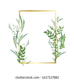 Golden delicate frame with green spring leaves on a white background.