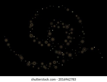 Golden delicate openwork snowflakes scatter on a black background. Festive background, postcard design, wallpaper