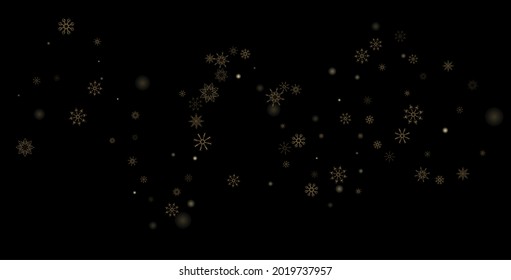 Deliciosos copos de nieve de copas abiertas doradas dispersos en un fondo negro. Fondo festivo, diseño postal, papel tapiz