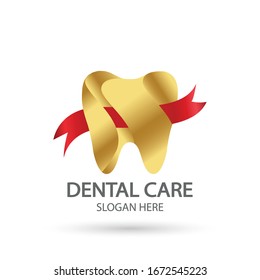 Golden Dental clinic logo with ribbon. Tooth vector template, Oral care dental and clinic symbol icon with modern design style.