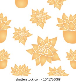 Golden desert succulent plant seamless pattern on white background. Gold elegant cactus repeat pattern. Great for fabric, wallpaper, card element, wrapping, textile, backdrop.