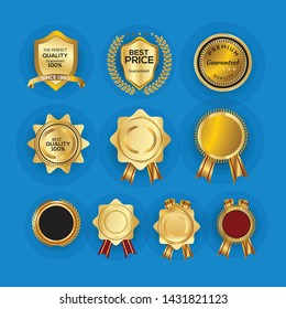 Golden design badge elements - shields, labels, seals, banners, badges, scrolls and ornaments