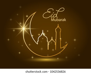 golden design decorated crescent moon and mosque with calligraphy of text Eid Mubarak on brown background. Ramadan kareem greeting card, banner, cover or poster