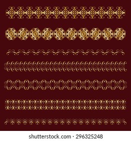 Golden design elements on a Burgundy background. Lots of useful elements to embellish your layout. Can be used as divider, frame, etc. Suitable for the design of books, invitations, postcards. Vector