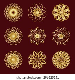 Golden design elements on a Burgundy background. Lots of useful elements to embellish your layout. Can be used as divider, frame, etc. Suitable for the design of books, invitations, postcards. Vector