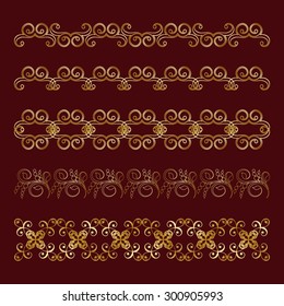 Golden design elements on a Burgundy background. Lots of useful elements to embellish your layout. Can be used as divider, frame, etc. Suitable for the design of books, invitations, postcards. Vector