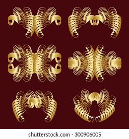 Golden design elements on a Burgundy background. Lots of useful elements to embellish your layout. Can be used as divider, frame, etc. Suitable for the design of books, invitations, postcards. Vector