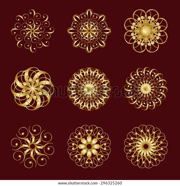 Golden design elements on a Burgundy background.\
Lots of useful elements to embellish your layout. Can be used as\
divider, frame, etc. Suitable for the design of books, invitations,\
postcards. Vector