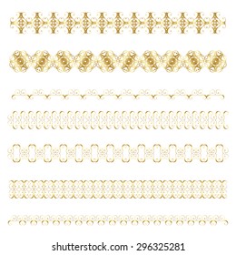 Golden design elements on a white background. Lots of useful elements to embellish your layout. Can be used as divider, frame, etc. Suitable for decoration of books, invitations, postcards. Vector